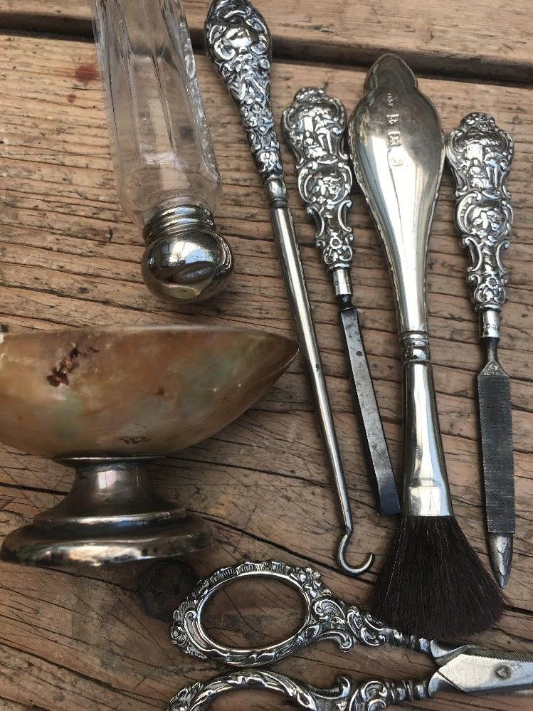 Antique Silver Vanity Items, Includes Perfume Bottle, Caviar Dish