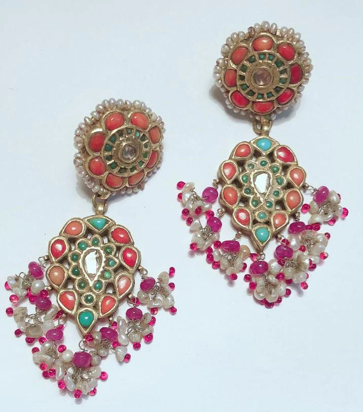 Vintage Gold, Ruby, Coral & Pearl Earrings