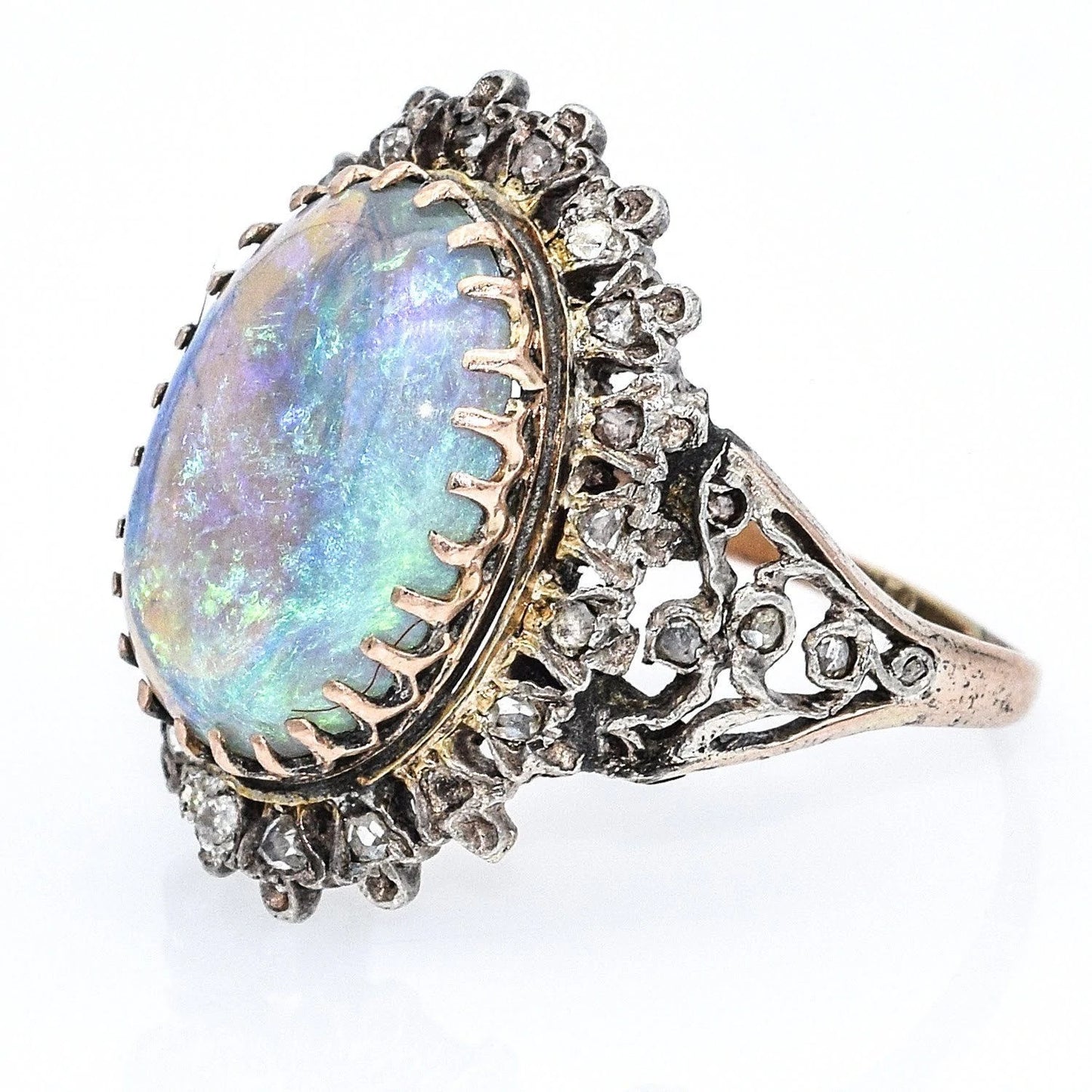 Antique 14K white & Yellow Gold Natural Opal and Mine Cut Diamond Ring