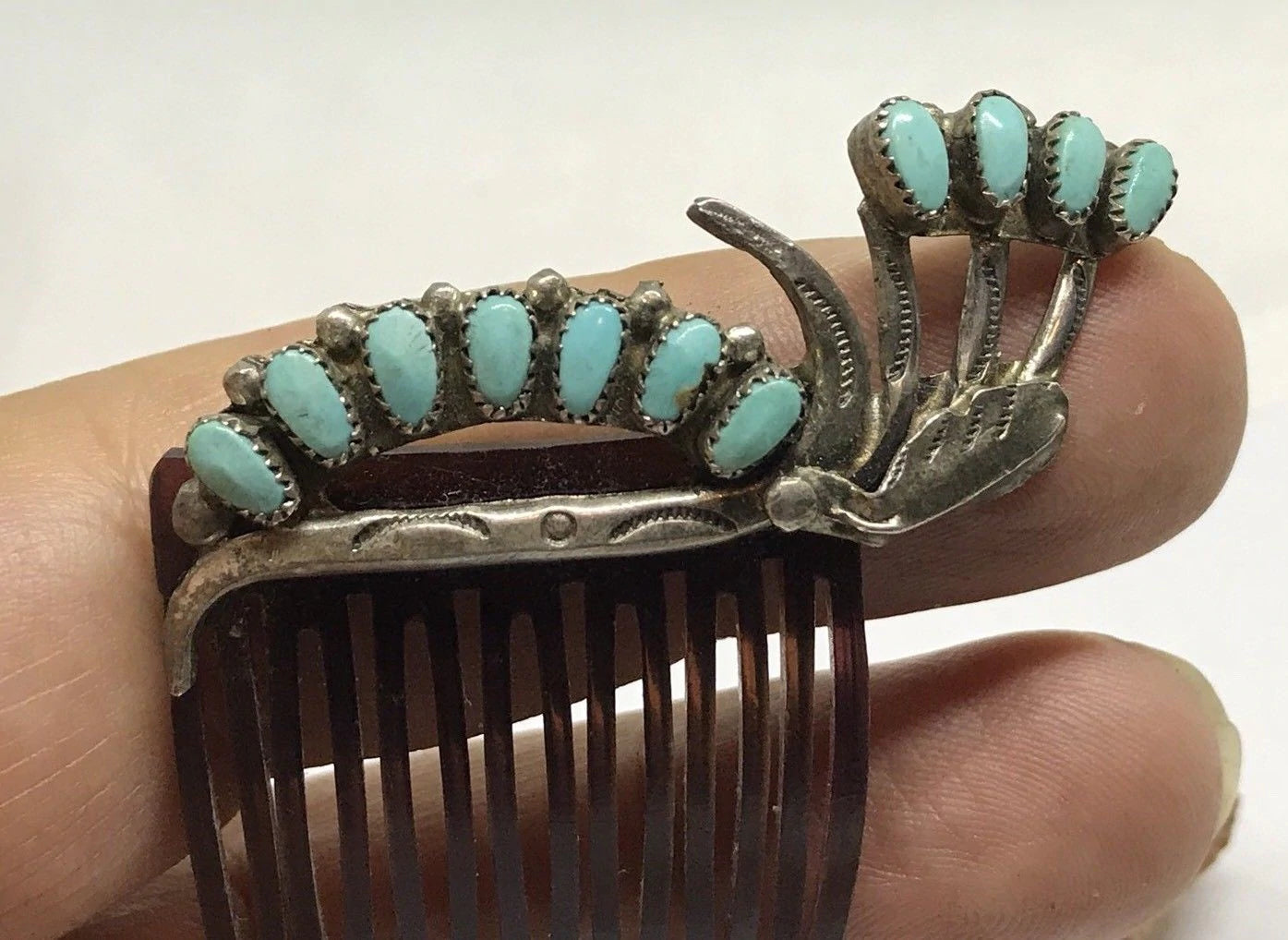 Vintage Old Pawn Native American Zuni Sterling Silver & Turquoise Hair Comb