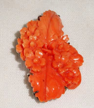 20C Chinese Pink Coral Carved Flower & Leaf Motif Silver set Brooch Pin