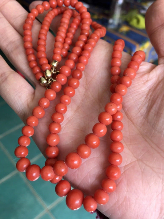 Antique Old Natural Salmon Red Coral Necklace 8k Gold Clasp