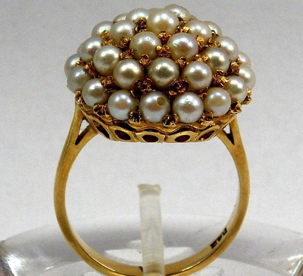 Stunning Antique Hallmarked 14k Gold Cocktail Ring with Beautiful Pearls