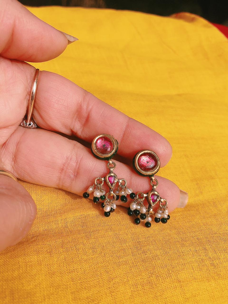 Handmade High Carat Gold, Enamel, Basra Pearl & Ruby Vintage Earrings