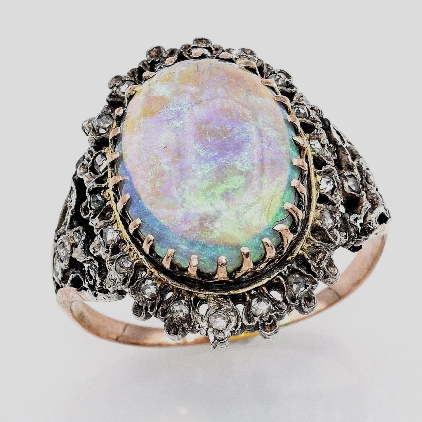 Antique 14K white & Yellow Gold Natural Opal and Mine Cut Diamond Ring