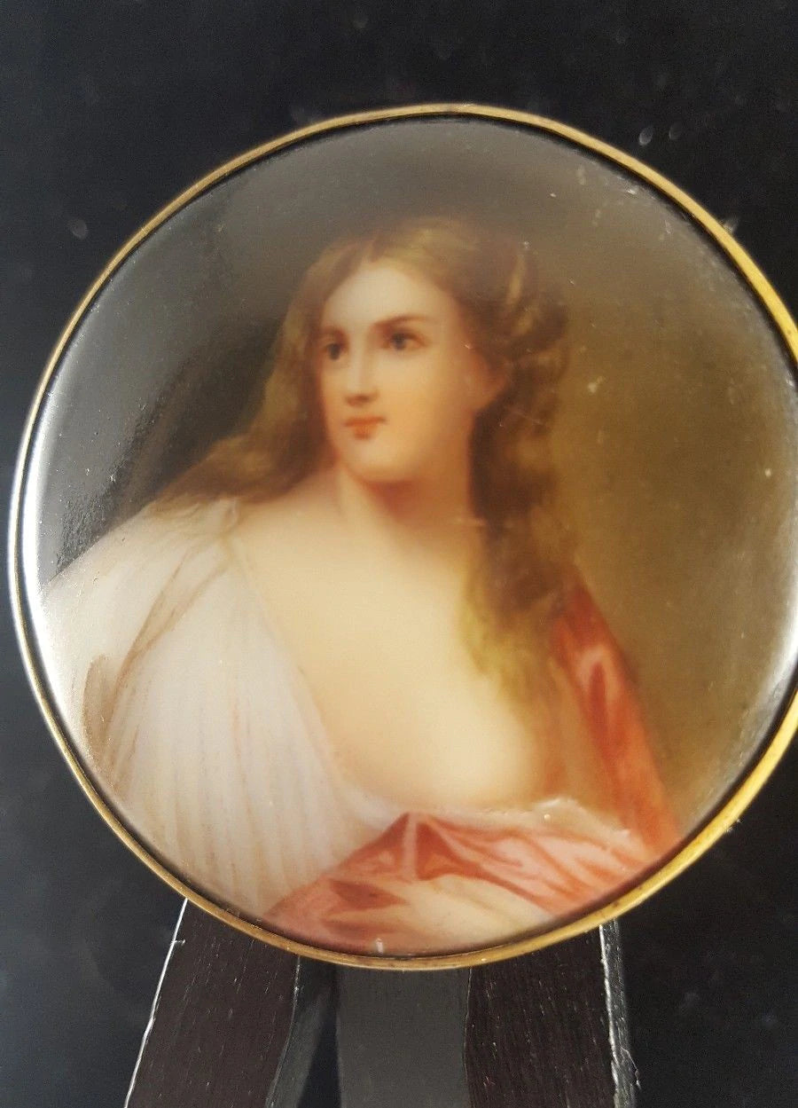 Antique Rare Flora After Titian Miniature Portrait Porcelain Brooch Cameo