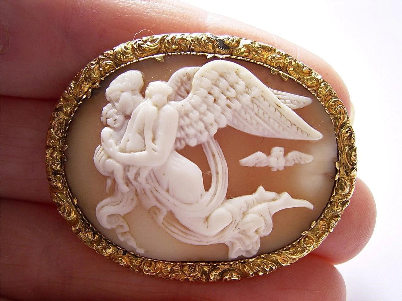 Antique Georgian Victorian Shell Cameo Nyx Goddess of Night with Children & Owl