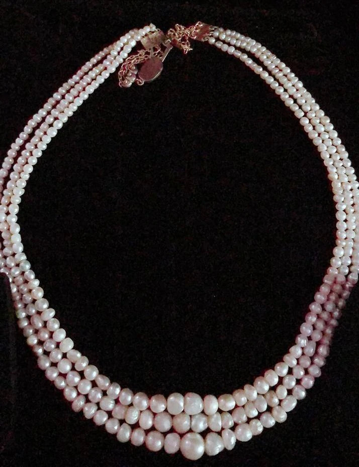 Three Layered Basra Natural Pearl Strings Necklace