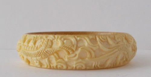 Antique Vintage Bangle Bracelet Carved Dragons Ivory color Cross Slice Tusk Horn