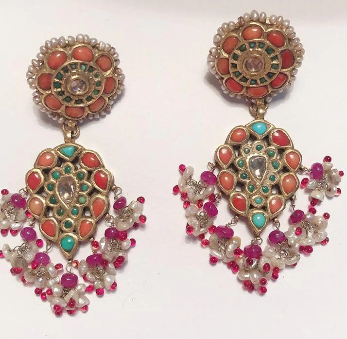 Vintage Gold, Ruby, Coral & Pearl Earrings