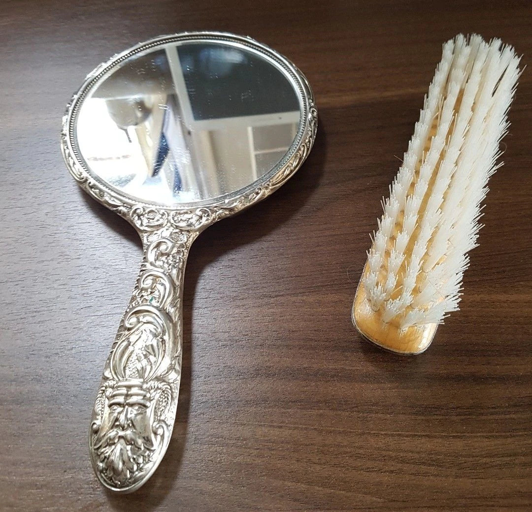 Beautiful Sterling Silver Hand Mirror & Hairbrush (Green Man) fully Hallmarked