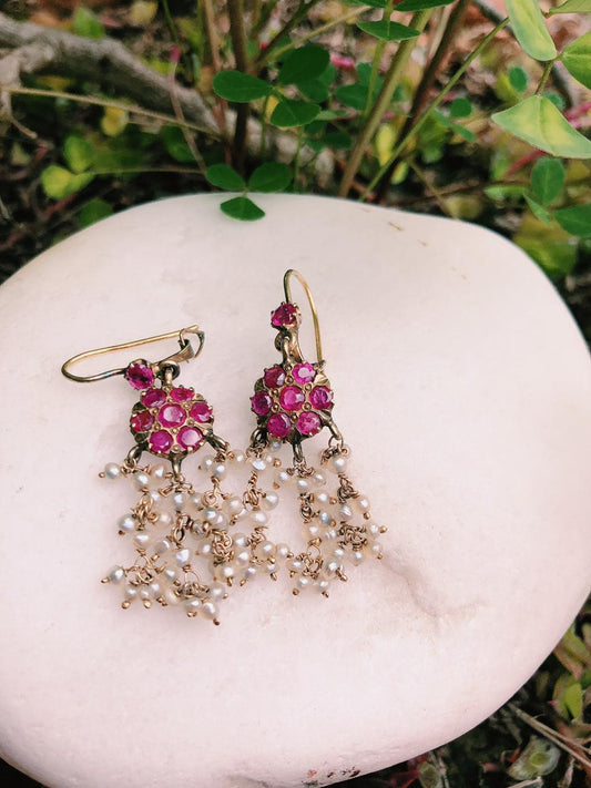 Handmade Vintage Rare Real Burmese Rubies & Natural Basra Earrings