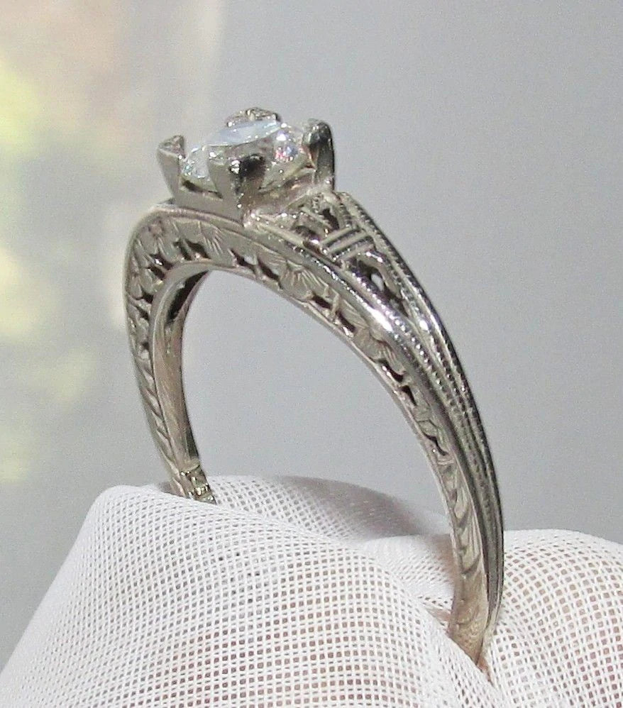 Antique Art Deco Filigree Real 0,50ct 5mm E SI1 Diamond Ring 14K Gold Size 6.5