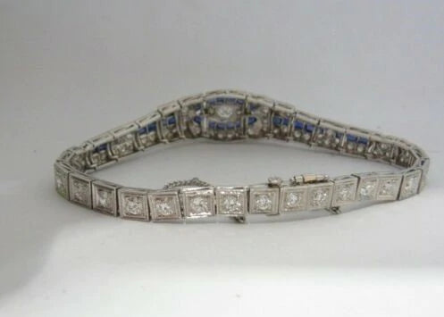 Stunning Art Deco 3ctw Fine Ood Cut Diamond Sapphire Platinum Bracelet 20.7grams