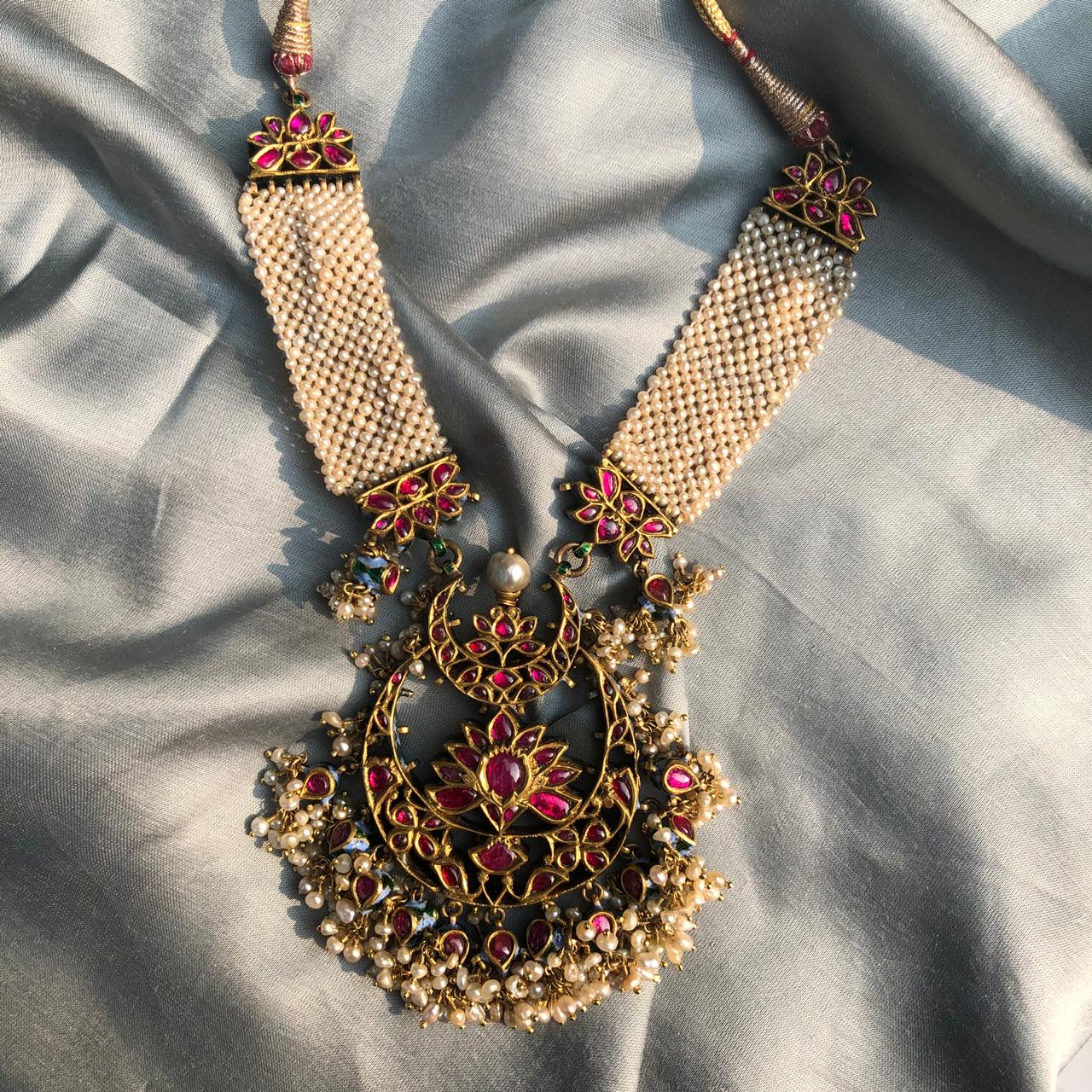 Vintage Antique Huge 20k Gold Diamond Ruby Polki Kundan Moti Work Necklace