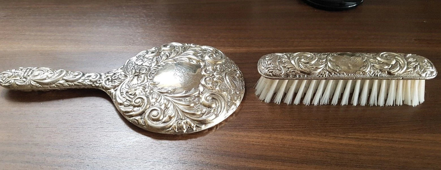 Beautiful Sterling Silver Hand Mirror & Hairbrush (Green Man) fully Hallmarked