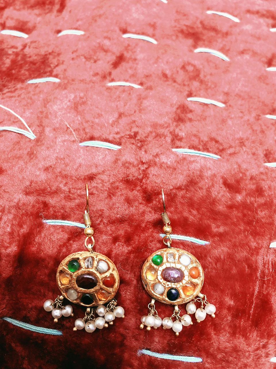 Vintage Navgraha Gold Precious Stones & Natural Basra Pearl Earings