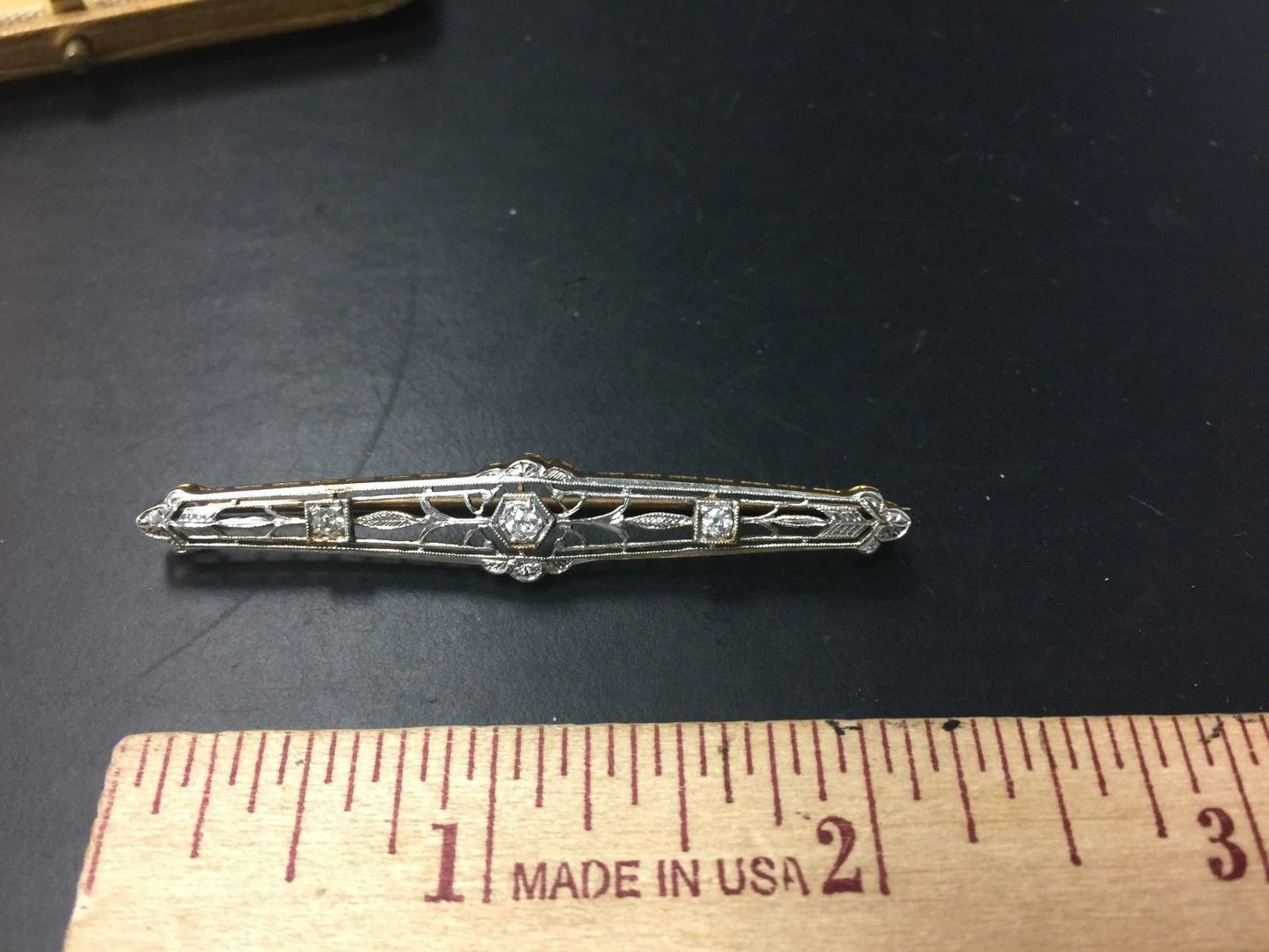 Antique Victorian 14K Yellow Gold W/ Platinum Top & Diamonds Bar Pin WBox