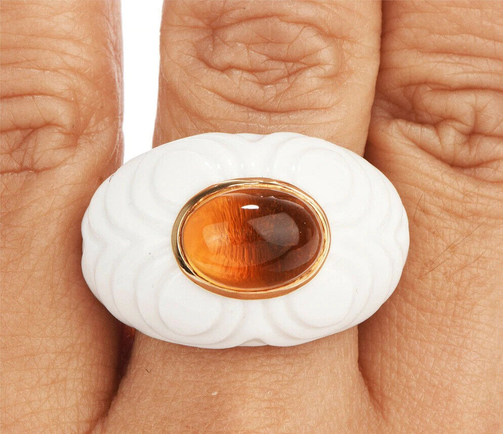 Bvlgari Citrine Carved Ceramic 18k Gold Chandra Cocktail Ring 10.6 Grams NR