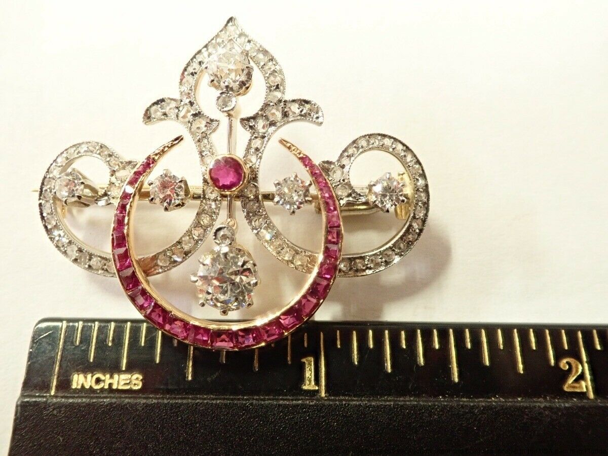 Antique Edwardian Platinum Gold 1.8ctw Diamond Ruby Stunning pendant Brooch