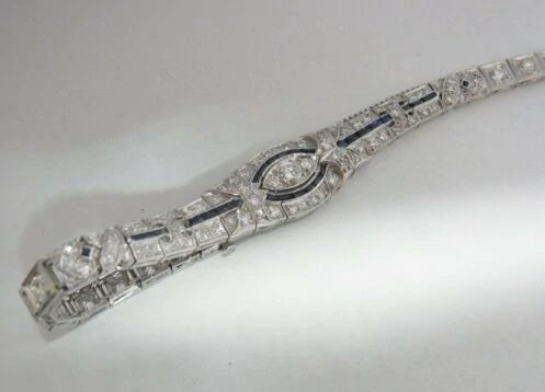 Stunning Art Deco 3ctw Fine Ood Cut Diamond Sapphire Platinum Bracelet 20.7grams