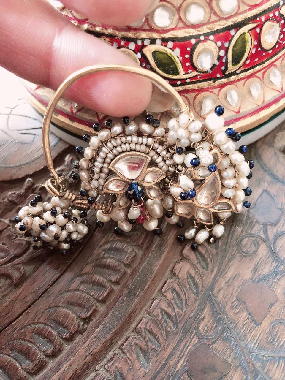 Handmade Early Nineteens Gold Basra Pearl Peacock Motifs Nath ( Nose Pin )