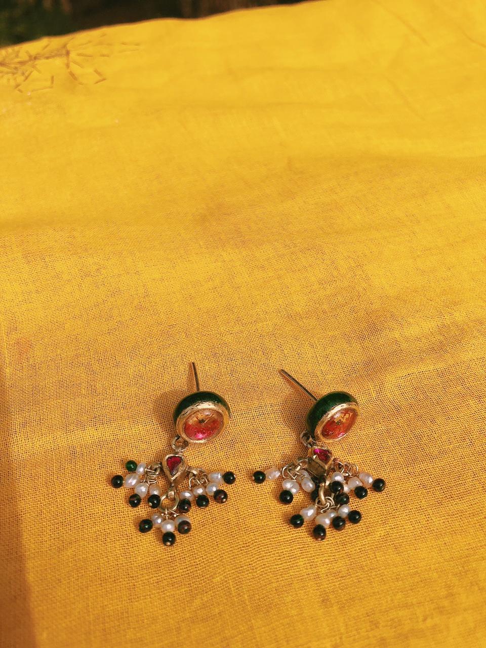 Handmade High Carat Gold, Enamel, Basra Pearl & Ruby Vintage Earrings