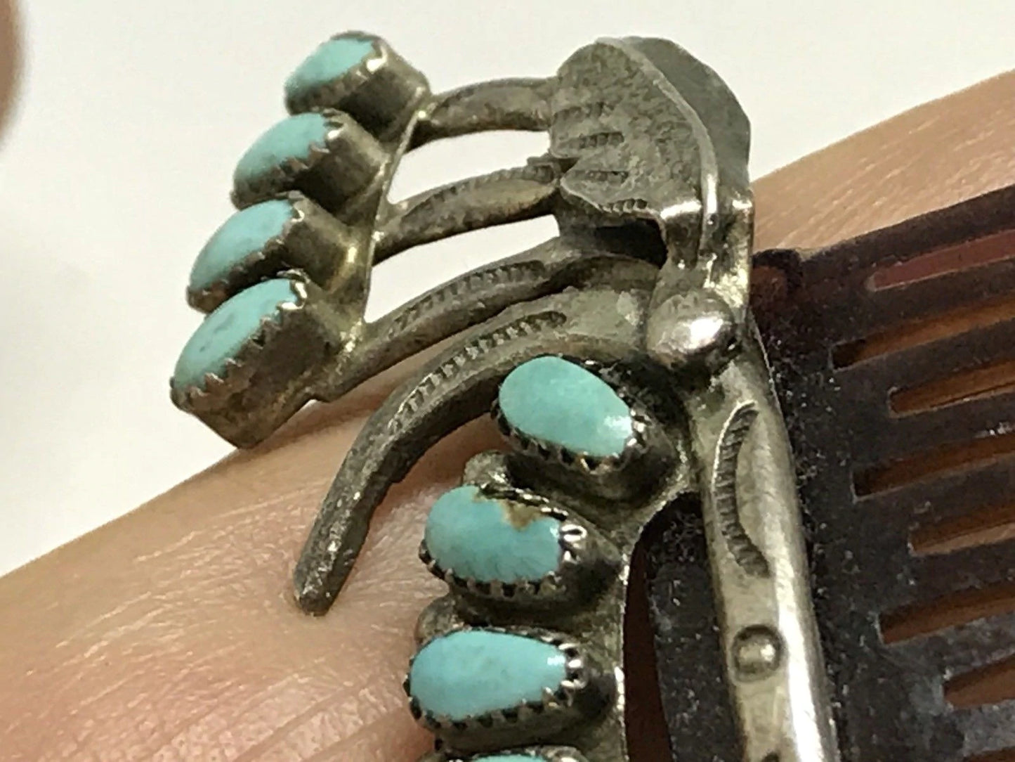 Vintage Old Pawn Native American Zuni Sterling Silver & Turquoise Hair Comb