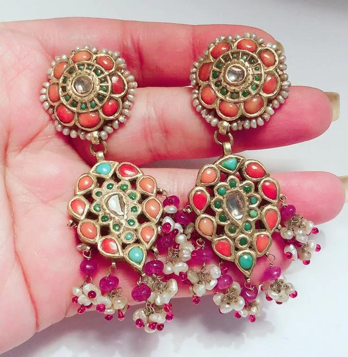 Vintage Gold, Ruby, Coral & Pearl Earrings