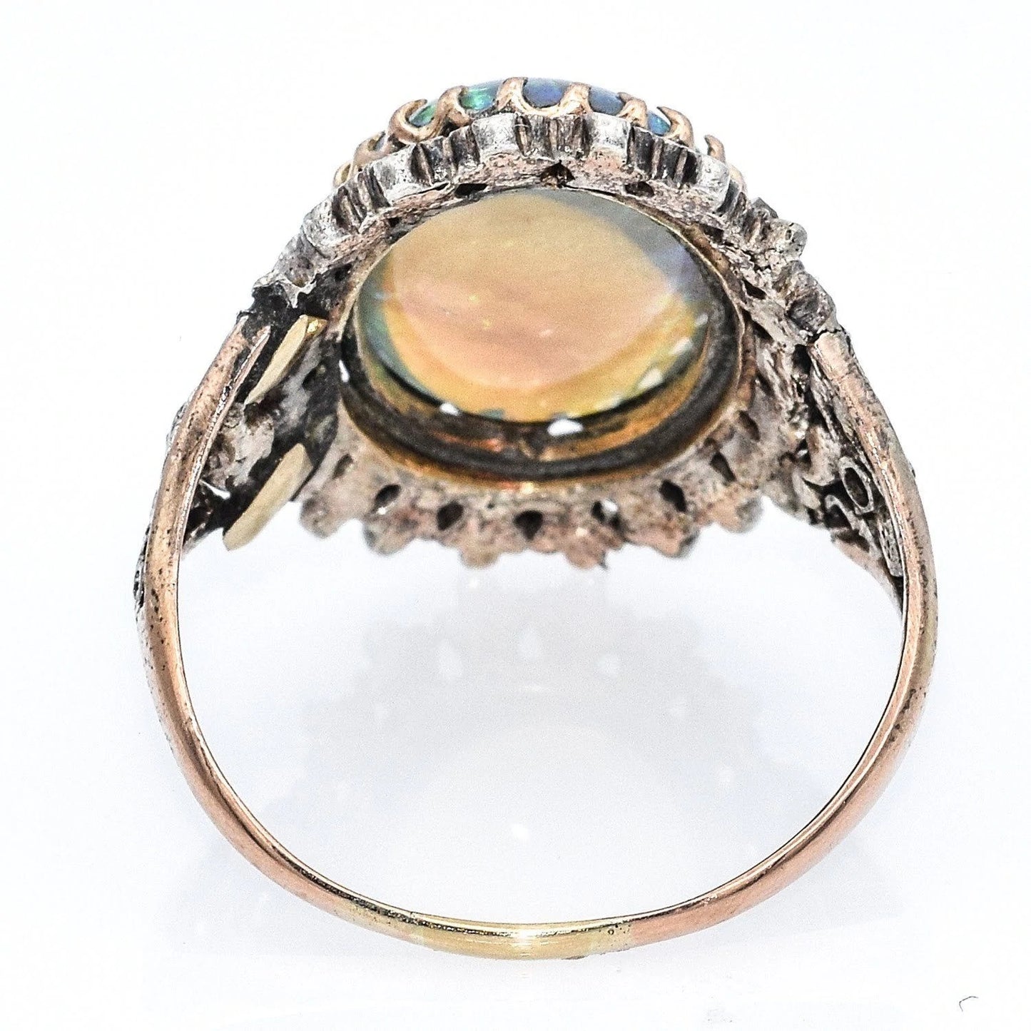 Antique 14K white & Yellow Gold Natural Opal and Mine Cut Diamond Ring