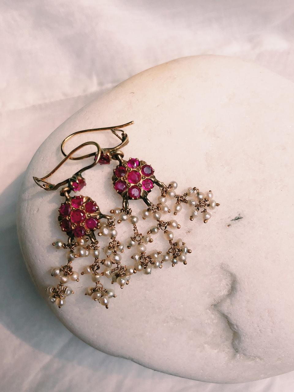 Handmade Vintage Rare Real Burmese Rubies & Natural Basra Earrings