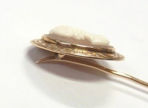 Antique 14K Gold Carved Shell Cameo Pin Classical Greco Roman Goddess Stick Pin