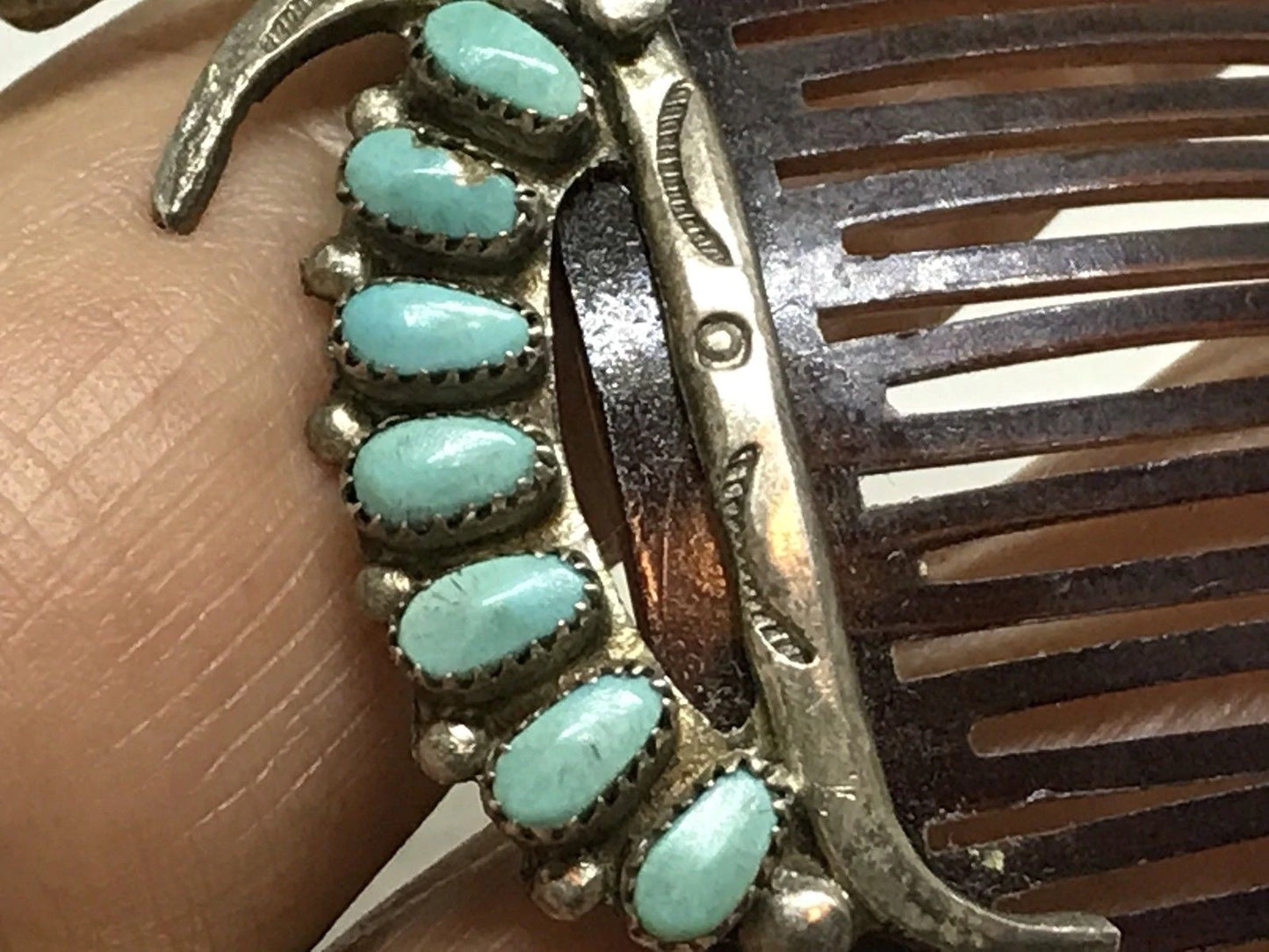 Vintage Old Pawn Native American Zuni Sterling Silver & Turquoise Hair Comb