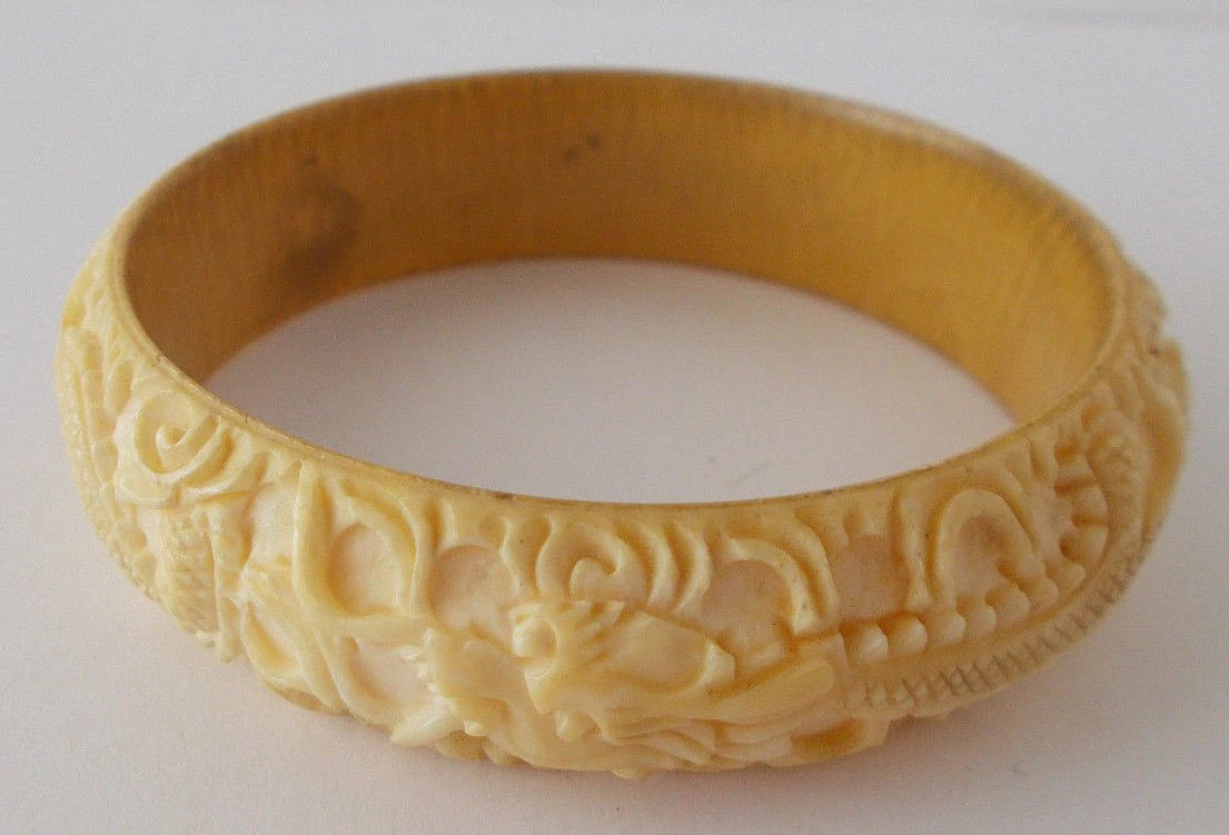 Antique Vintage Bangle Bracelet Carved Dragons Ivory color Cross Slice Tusk Horn