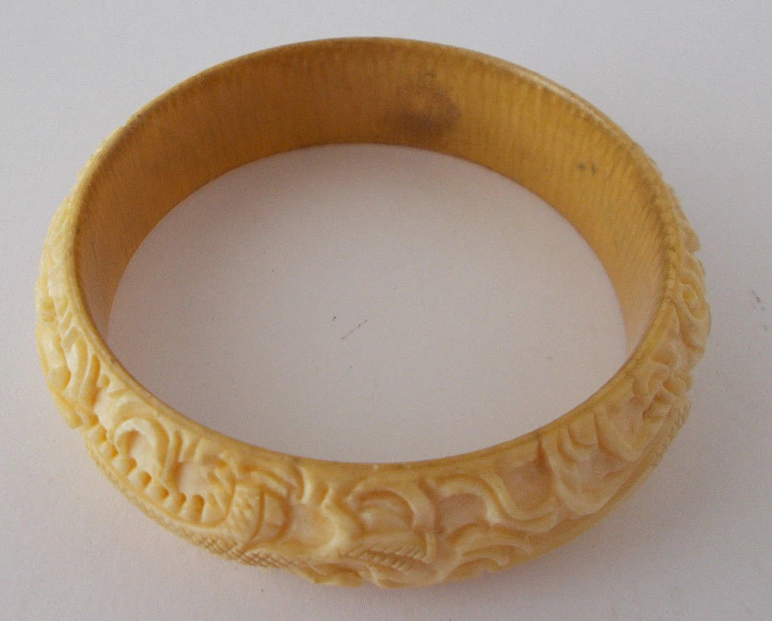 Antique Vintage Bangle Bracelet Carved Dragons Ivory color Cross Slice Tusk Horn