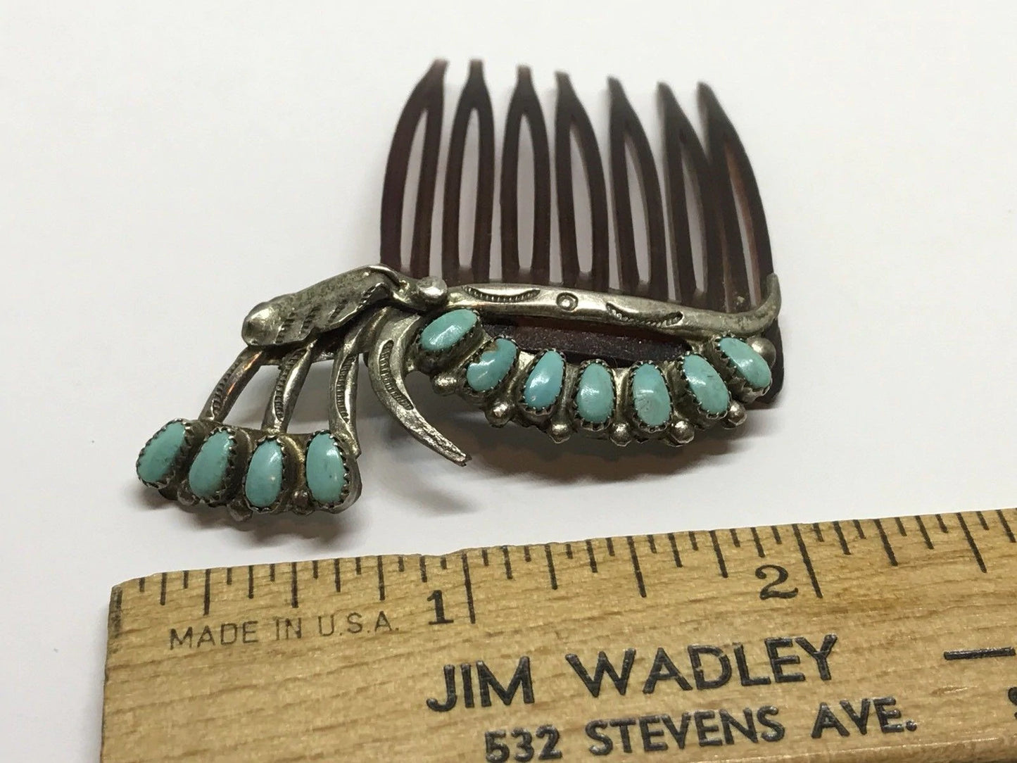 Vintage Old Pawn Native American Zuni Sterling Silver & Turquoise Hair Comb