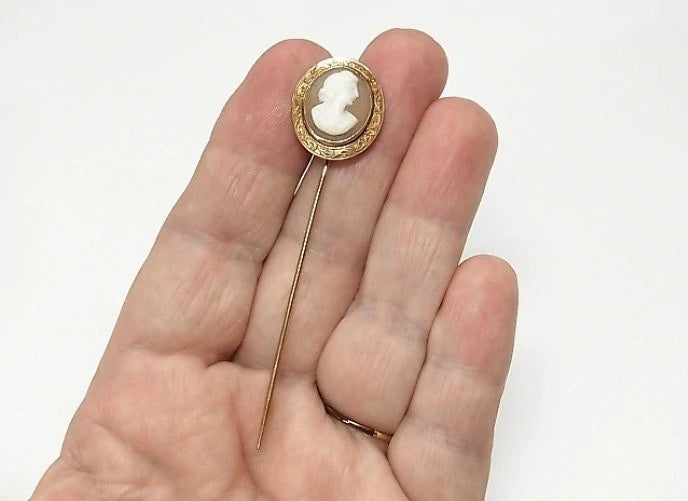 Antique 14K Gold Carved Shell Cameo Pin Classical Greco Roman Goddess Stick Pin