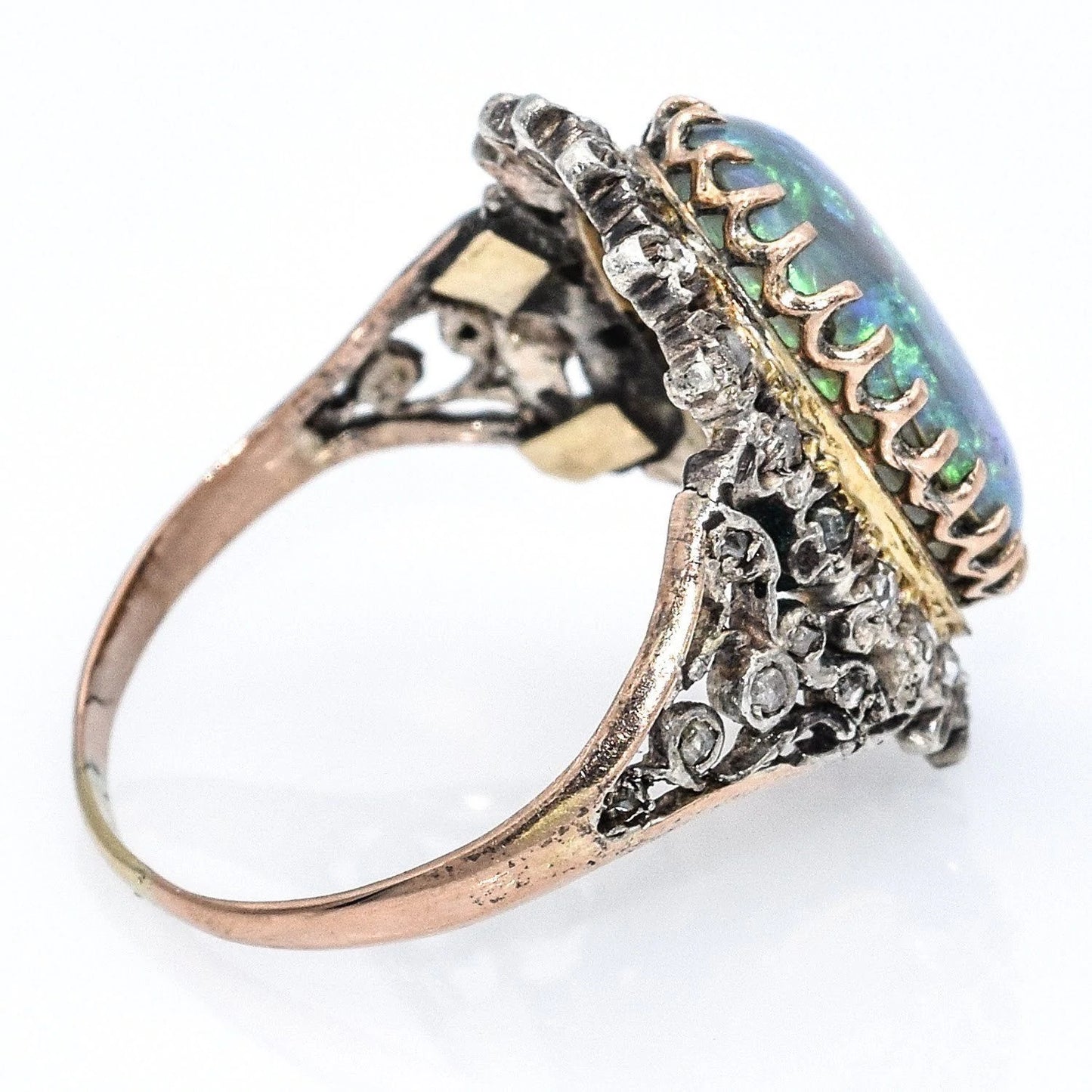 Antique 14K white & Yellow Gold Natural Opal and Mine Cut Diamond Ring