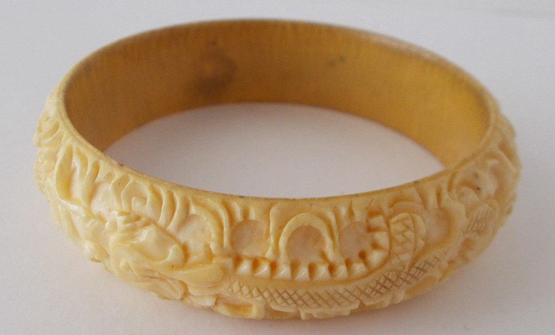 Antique Vintage Bangle Bracelet Carved Dragons Ivory color Cross Slice Tusk Horn