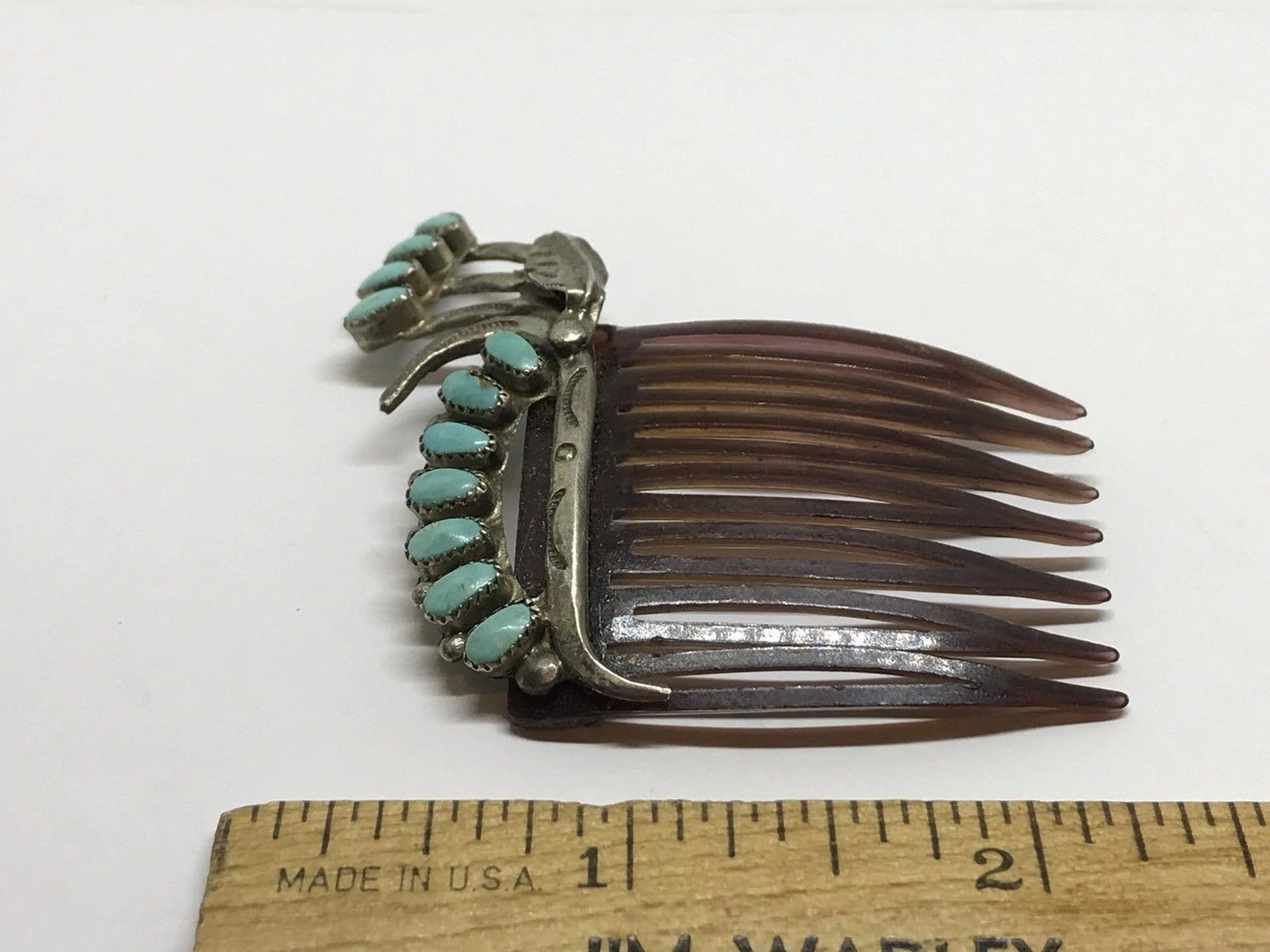 Vintage Old Pawn Native American Zuni Sterling Silver & Turquoise Hair Comb