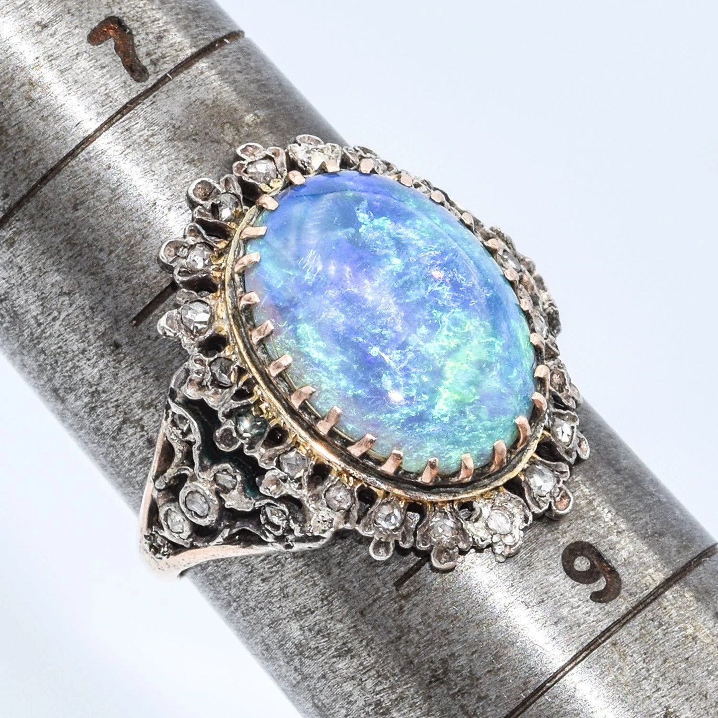 Antique 14K white & Yellow Gold Natural Opal and Mine Cut Diamond Ring