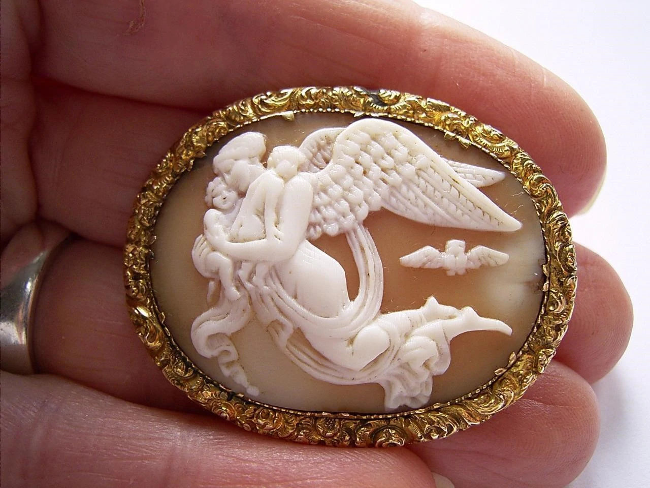 Antique Georgian Victorian Shell Cameo Nyx Goddess of Night with Children & Owl