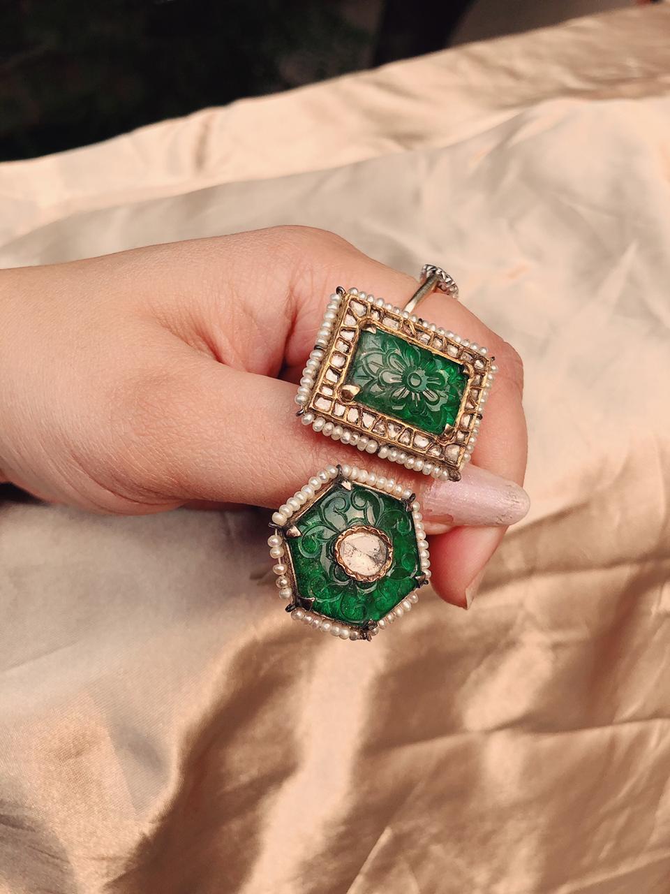 Vintage Carved Emeralds Uniquely Designed Gold Filled Ring with Uncut Diamonds & Pearls