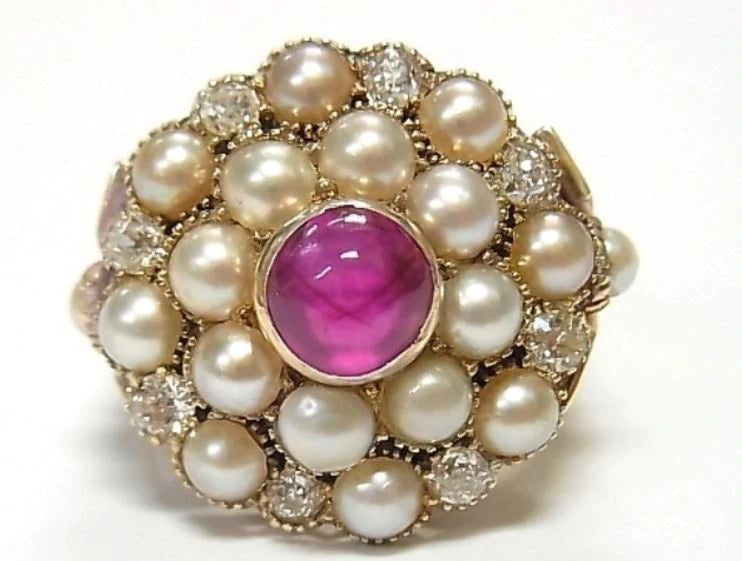 Diamond Ruby Akoya Pearl 14k Gold Ring Massive 14.2gr Vintage Dome