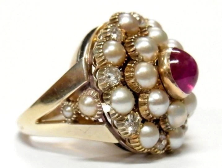 Diamond Ruby Akoya Pearl 14k Gold Ring Massive 14.2gr Vintage Dome