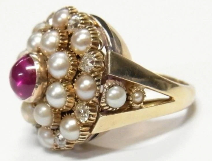 Diamond Ruby Akoya Pearl 14k Gold Ring Massive 14.2gr Vintage Dome