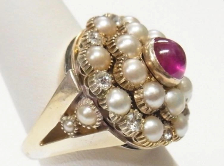 Diamond Ruby Akoya Pearl 14k Gold Ring Massive 14.2gr Vintage Dome