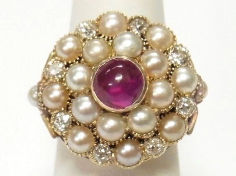 Diamond Ruby Akoya Pearl 14k Gold Ring Massive 14.2gr Vintage Dome