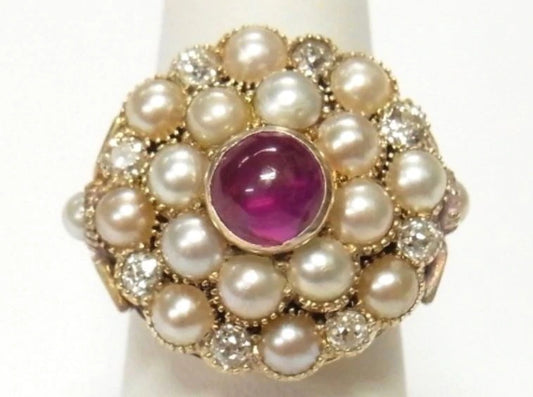 Diamond Ruby Akoya Pearl 14k Gold Ring Massive 14.2gr Vintage Dome