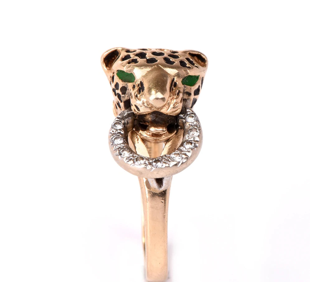 Estate Diamond Enamel 14k Gold Leopard Ring 6.6 Grams